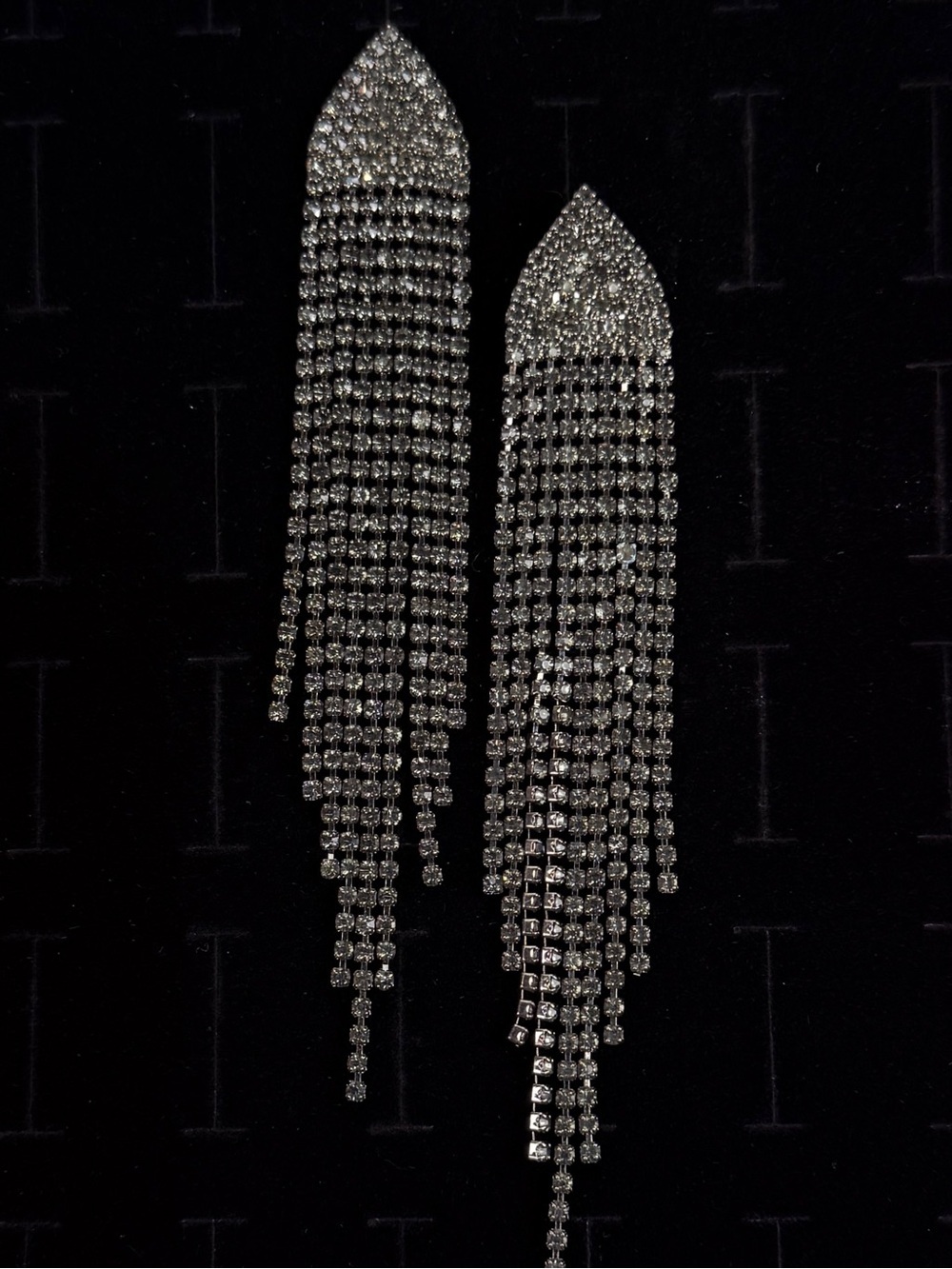Beautiful black gunmetal, bling long fringe metal pierced earrings